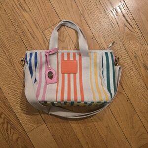 Kurt Geiger Rainbow Pastel Striped Canvas Preppy Coastal Tote Bag